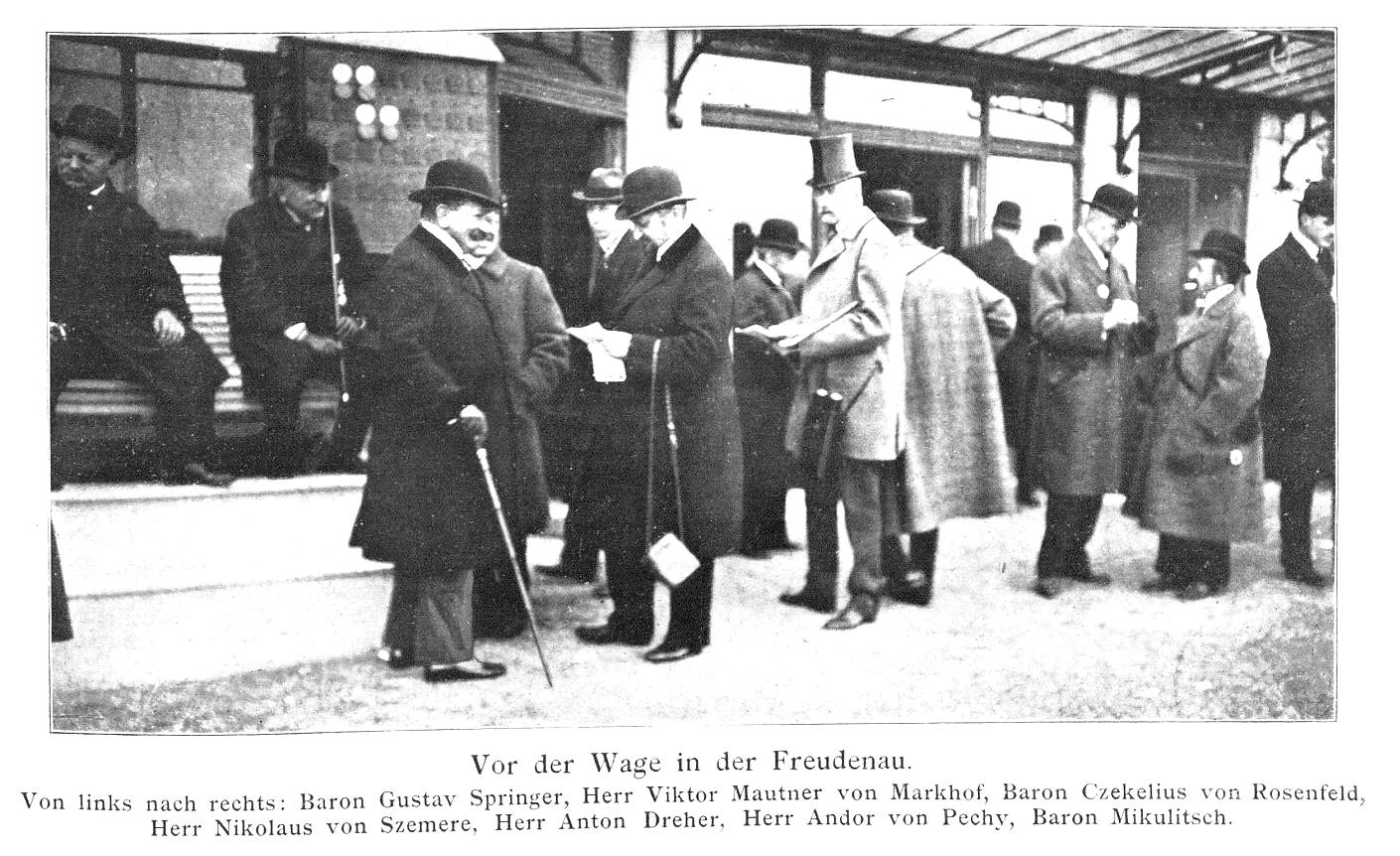 Freudenau, 1916: Gustav von Springer, Viktor Mautner von Markhof, Baron Czekelius von Rosenfeld, Nikolaus von Szemere, Anton Dreher, Andor von Pechy, Baron Mikulitsch.