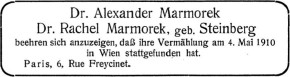 4. Mai 1910: Trauung im Stadttempel. Sigmund Epler, Böcklinstraße 59